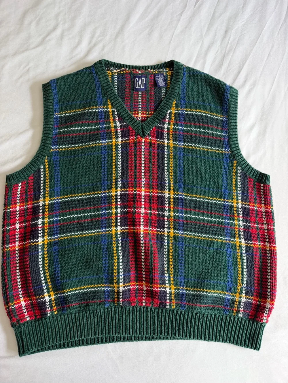 VTG 90s GAP Green Blue Red Holiday Tartan Plaid Knit Sweater Vest 100% Cotton